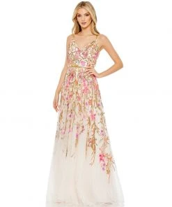 Mac Duggal V Neck Floral Embellished Spaghetti Strap Gown