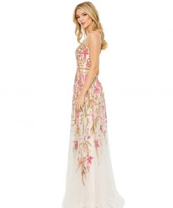 Mac Duggal V Neck Floral Embellished Spaghetti Strap Gown