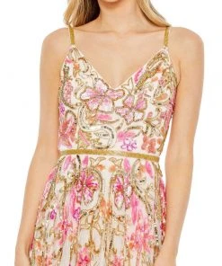 Mac Duggal V Neck Floral Embellished Spaghetti Strap Gown