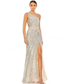 MAC Sequined One Shoulder Draped Lace Up Gown Shop For 11 MAC Sequined One Shoulder Draped Lace Up Gown Shop For