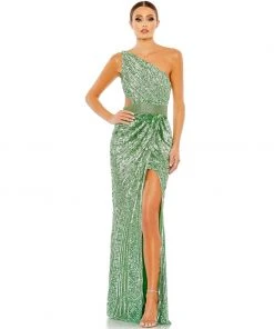 MAC Sequined One Shoulder Draped Lace Up Gown Shop For