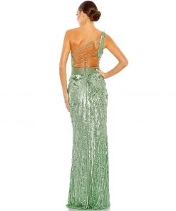 MAC Sequined One Shoulder Draped Lace Up Gown Shop For