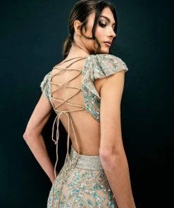 Mac Duggal Embellished Cut Out Lace Up Cap Sleeve Gown