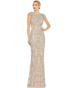 Mac Duggal Embellished Cut Out Lace Up Cap Sleeve Gown