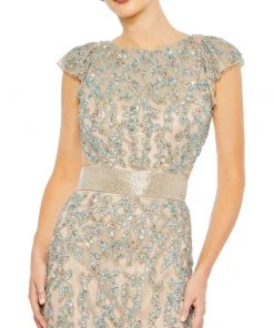 Mac Duggal Embellished Cut Out Lace Up Cap Sleeve Gown