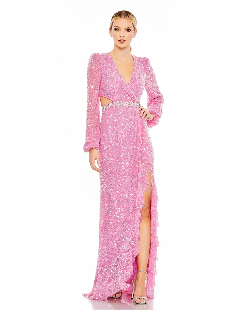 Mac Duggal Sequined Faux Wrap Cut Out Puff Sleeve Gown Shop For 4 Mac Duggal Sequined Faux Wrap Cut Out Puff Sleeve Gown Shop For