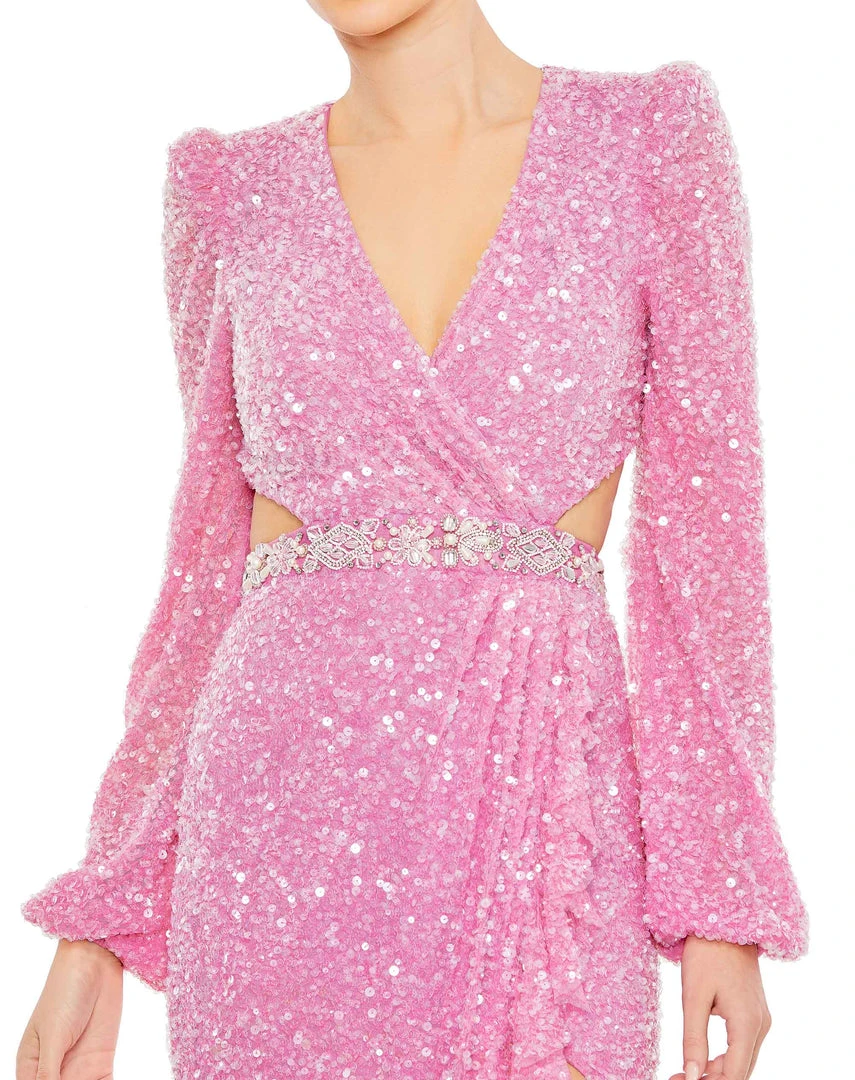 Mac Duggal Sequined Faux Wrap Cut Out Puff Sleeve Gown Shop For 6 Mac Duggal Sequined Faux Wrap Cut Out Puff Sleeve Gown Shop For