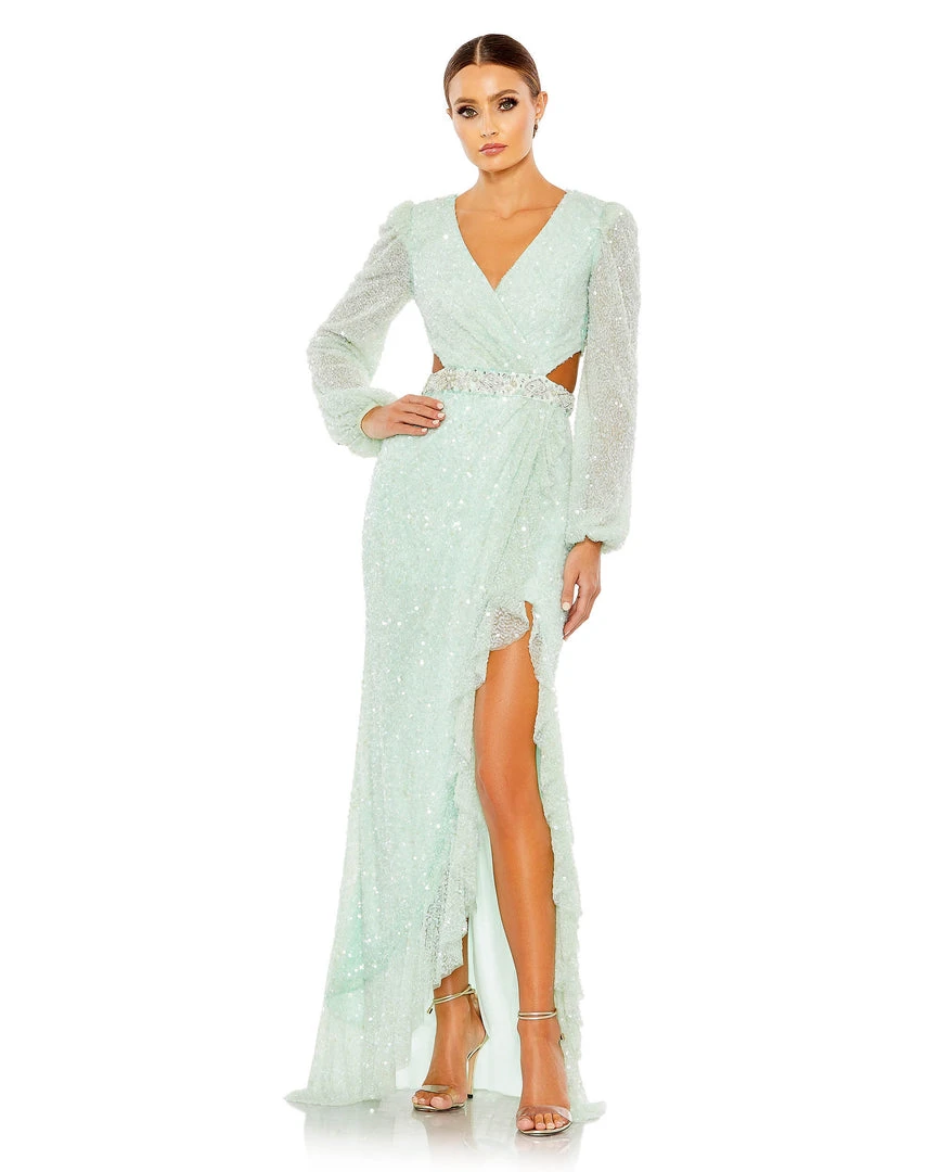 Mac Duggal Sequined Faux Wrap Cut Out Puff Sleeve Gown Shop For 7 Mac Duggal Sequined Faux Wrap Cut Out Puff Sleeve Gown Shop For