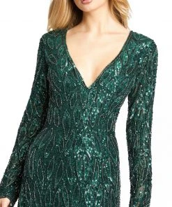 Mac Duggal Long Sleeve Beaded V-Neck Gown
