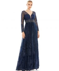 Mac Duggal Long Sleeve Floral Illusion Beaded Gown | Final Sale Shop For