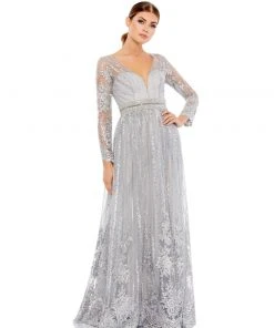 Mac Duggal Long Sleeve Floral Illusion Beaded Gown | Final Sale Shop For