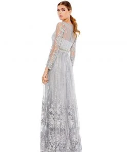 Mac Duggal Long Sleeve Floral Illusion Beaded Gown | Final Sale Shop For