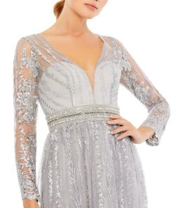 Mac Duggal Long Sleeve Floral Illusion Beaded Gown | Final Sale Shop For