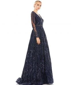 Mac Duggal Midnight Long Sleeve Embellished Evening Gown Shop For