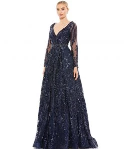 Mac Duggal Midnight Long Sleeve Embellished Evening Gown Shop For
