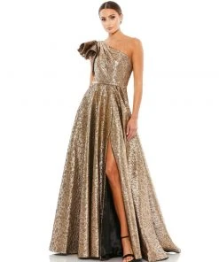 Mac Duggal One-Shoulder Metallic Ballgown