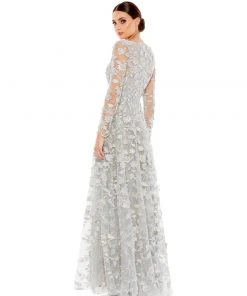 Mac Duggal Shop For Floral Applique Long Sleeve Illusion Gown