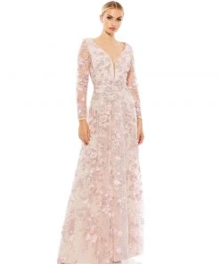 Mac Duggal Shop For Floral Applique Long Sleeve Illusion Gown
