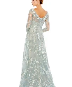 Mac Duggal Floral Embroidered Illusion Long Sleeve Gown