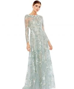 Mac Duggal Floral Embroidered Illusion Long Sleeve Gown