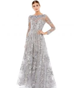 Mac Duggal Floral Embroidered Illusion Long Sleeve Gown
