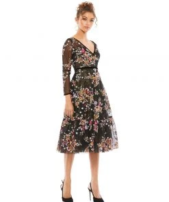 Mac Duggal Black Floral Embroidered Tea Length Dress Shop For