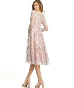 Mac Duggal Long Sleeve Floral Embroidered Tea Length Dress