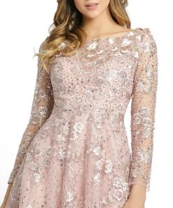 Mac Duggal Long Sleeve Floral Embroidered Tea Length Dress