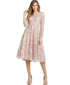 Mac Duggal Long Sleeve Floral Embroidered Tea Length Dress