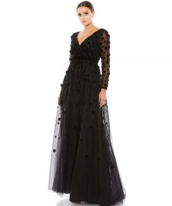 Mac Duggal Mother Of The Bride + Groom Dresses Long Sleeve A-Line Gown With 3D Floral Accents