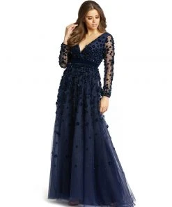 Mac Duggal Mother Of The Bride + Groom Dresses Long Sleeve A-Line Gown With 3D Floral Accents