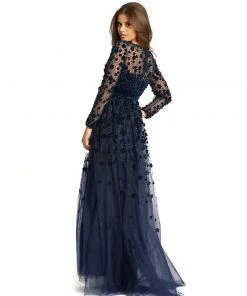 Mac Duggal Mother Of The Bride + Groom Dresses Long Sleeve A-Line Gown With 3D Floral Accents