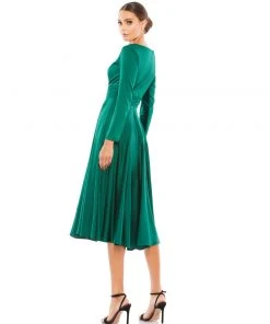 Ieena For Mac Duggal Plunge Neck Satin A-Line Dress