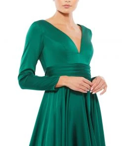 Ieena For Mac Duggal Plunge Neck Satin A-Line Dress