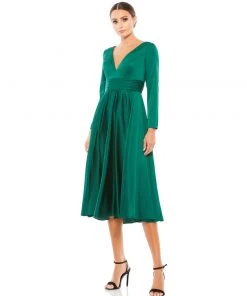 Ieena For Mac Duggal Plunge Neck Satin A-Line Dress