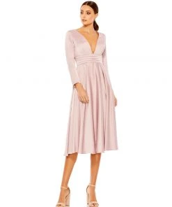 Ieena For Mac Duggal Plunge Neck Satin A-Line Dress