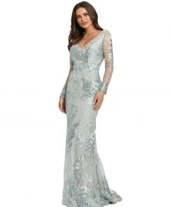 Mac Duggal Embellished V Neck Illusion Long Sleeve Gown