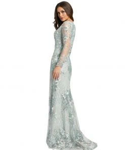 Mac Duggal Embellished V Neck Illusion Long Sleeve Gown