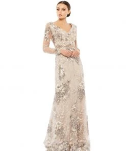 Mac Duggal Embellished V Neck Illusion Long Sleeve Gown