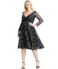 Mac Duggal Long Sleeve Illusion Sequin Embroidered Midi Dress (Plus)