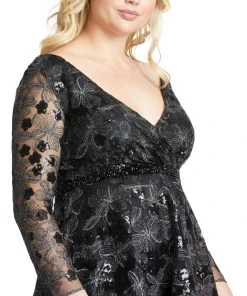 Mac Duggal Long Sleeve Illusion Sequin Embroidered Midi Dress (Plus)
