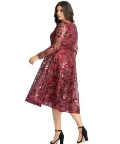 Mac Duggal Long Sleeve Illusion Sequin Embroidered Midi Dress (Plus)