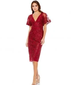 Mac Duggal Cocktail Dresses Embellished Flutter Sleeve V Neck Fitted Dress