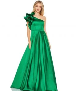 Mac Duggal Satin Ruffle Sleeve Ball Gown Shop For