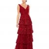 Mac Duggal Floral Applique Ruffled Tiered Sleeveless V Neck Gown
