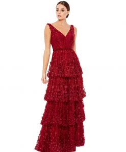 Mac Duggal Floral Applique Ruffled Tiered Sleeveless V Neck Gown