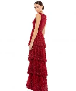 Mac Duggal Floral Applique Ruffled Tiered Sleeveless V Neck Gown