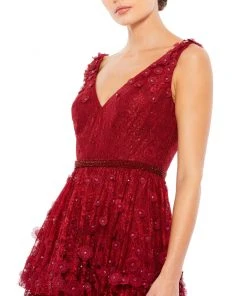 Mac Duggal Floral Applique Ruffled Tiered Sleeveless V Neck Gown 5 Mac Duggal Floral Applique Ruffled Tiered Sleeveless V Neck Gown