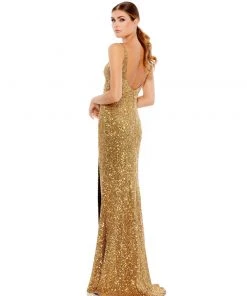 Ieena For Mac Duggal Embellished Metallic High Slit Gown