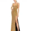 Ieena For Mac Duggal Embellished Metallic High Slit Gown